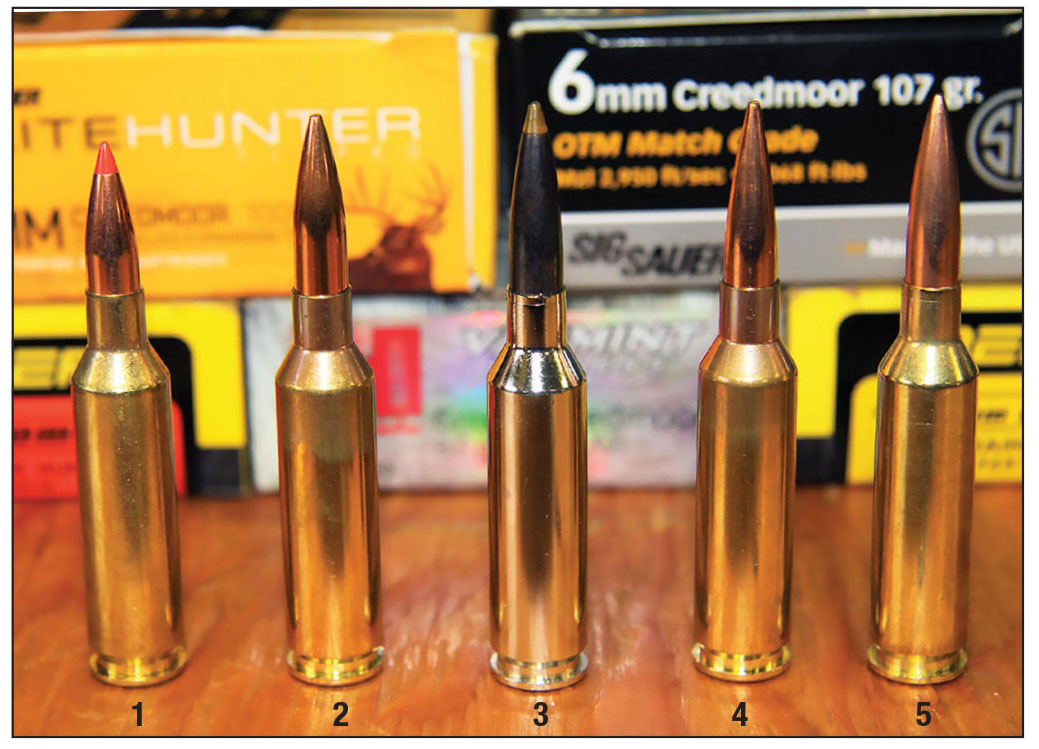 Factory ammunition tested from the Benelli Lupo included: (1) Hornady’s 87-grain V-MAX Varmint Express, (2) Berger’s 95-grain Classic Hunter, (3) SIG Sauer’s 100-grain Elite Hunter Tipped, (4) Berger’s 105-grain Hybrid Target and (5) SIG Sauer’s 107-grain OTM Match Grade.